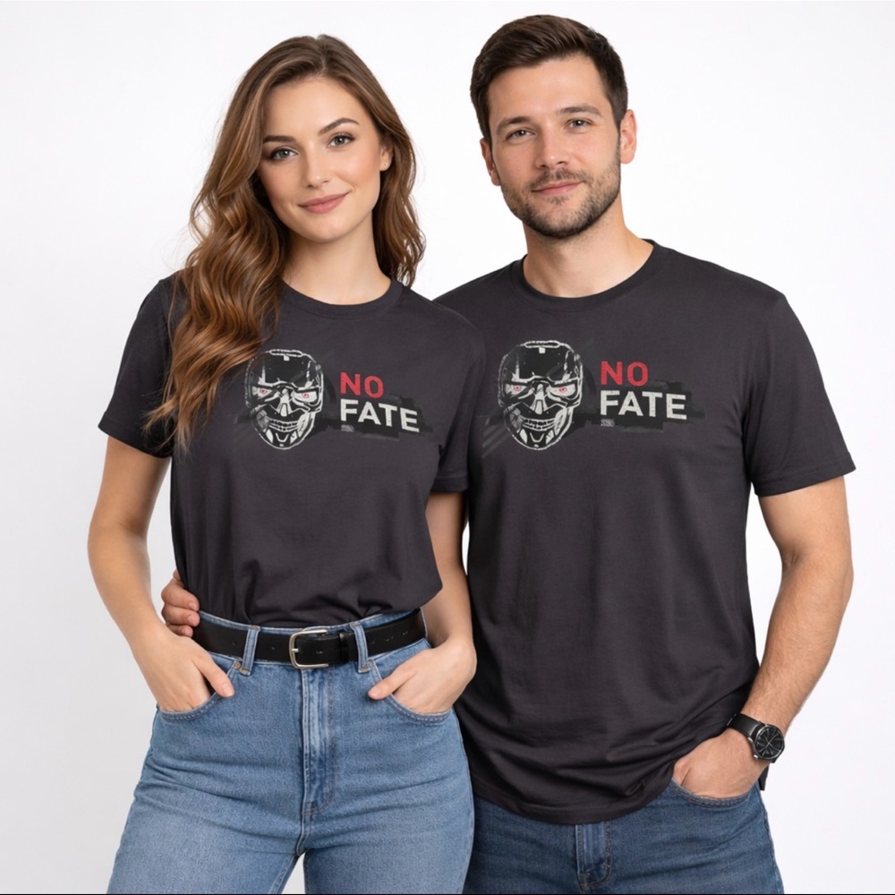 Terminator Dark Fate NO FATE Tee Gray Sci-Fi Men or Unisex NWOT Size M PTP 18”